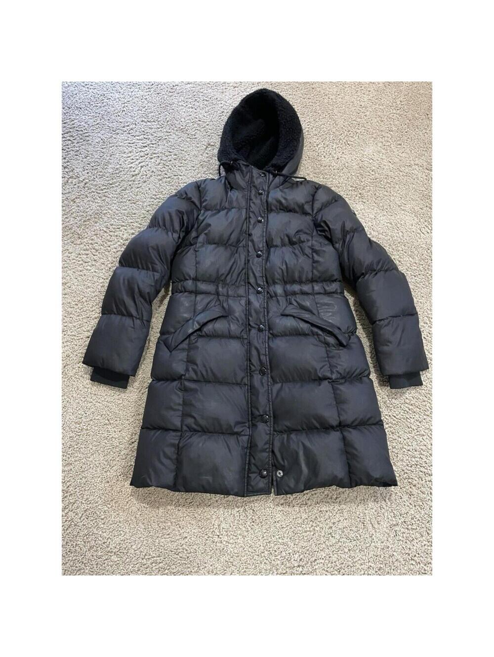 Women’s  Coach Black Down Puffer Coat Teddy Hood Black Midi Length S Small $695